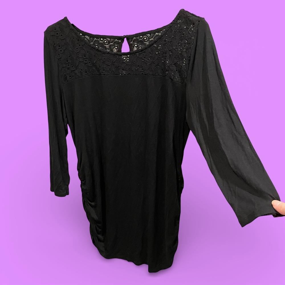 Cute Motherhood Maternity black stretchy lace collar ruched tunic top pregnancy